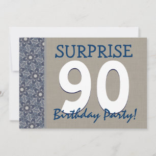 Blue and Sand Modern 90th Surprise Birthday Party Invitation