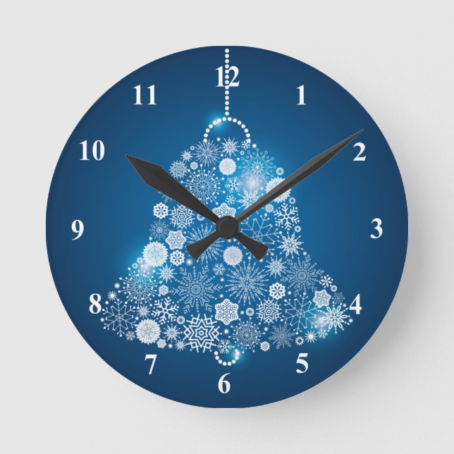 Blue and Shinning White Snowflakes Christmas Bell Round Clock (Front)