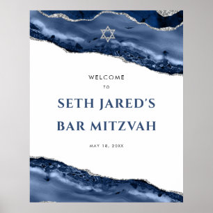Blue and Silver Agate Border Bar Mitzvah Welcome  Poster