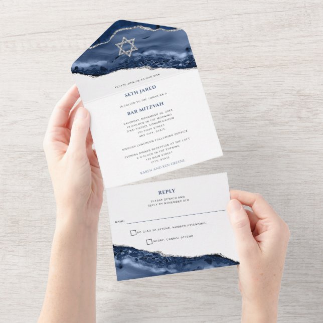 Blue and Silver Agate Geode Rock, Bar Mitzvah All In One Invitation (Tearaway)