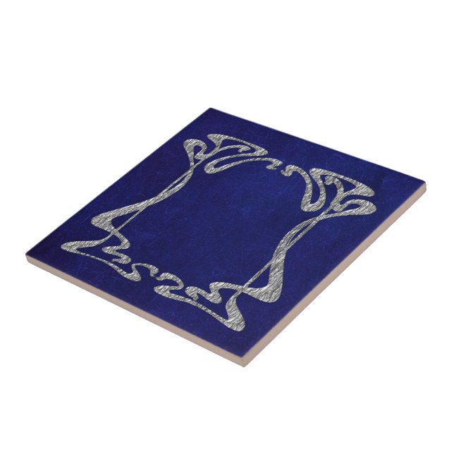 Blue and Silver Art Nouveau Style Ceramic Ceramic Tile (Side)