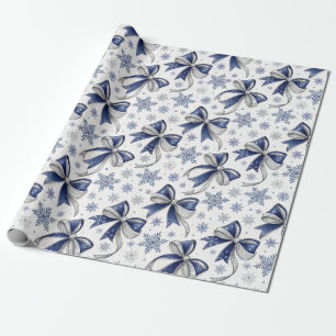 Blue and Silver Bows Ribbons Snowflakes Holiday Wrapping Paper