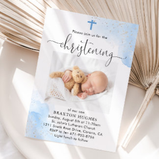 Blue and Silver Boy Christening Baptism Invitation