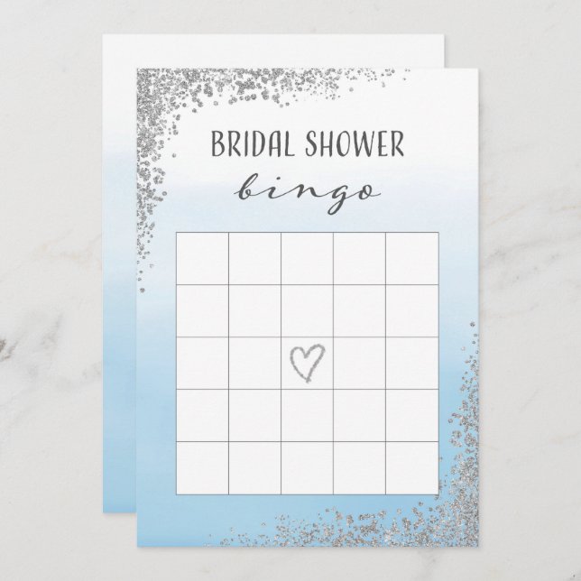 Blue and Silver Bridal Shower Bingo Card (Front/Back)