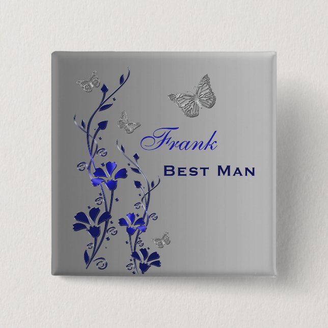 Blue and Silver Butterfly Floral Best Man Pin (Front)