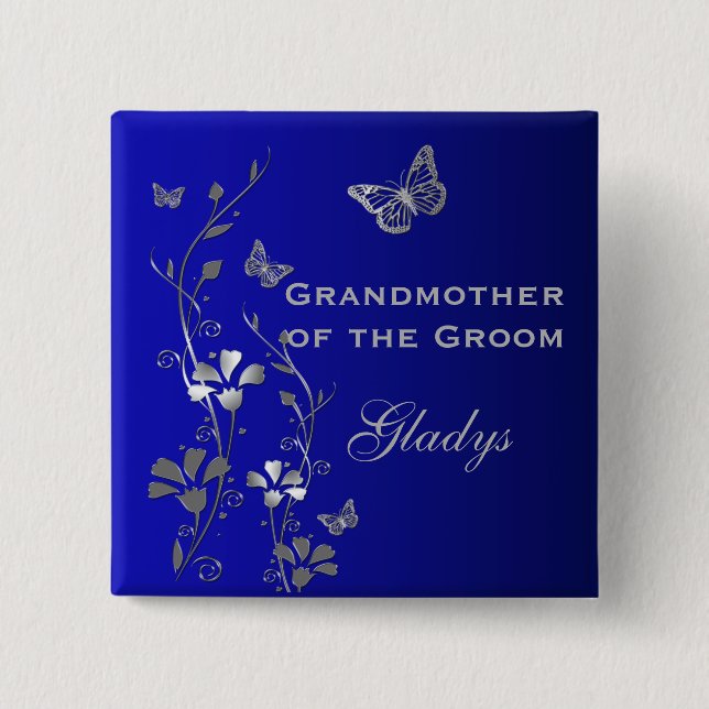 Blue and Silver Butterfly Floral Grandmother Pin (Front)