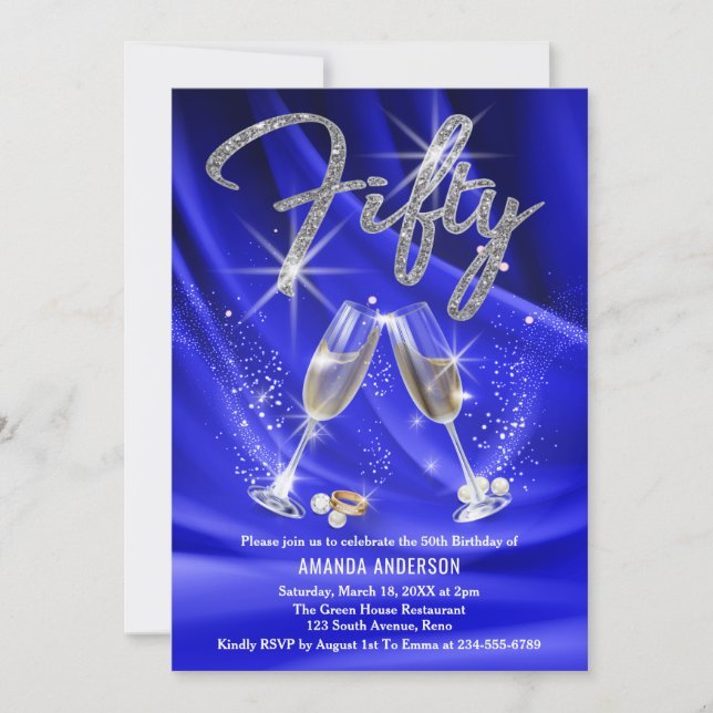 Blue And Silver Champagne Glasses 50th Birthday Invitation (Front)