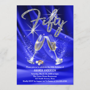 Blue And Silver Champagne Glasses 50th Birthday Invitation