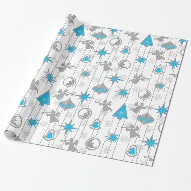 Blue and Silver Christmas Ornaments Wrapping Paper (Unrolled)