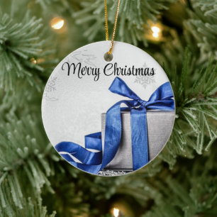 Blue and Silver Christmas Presents Ceramic Ornament
