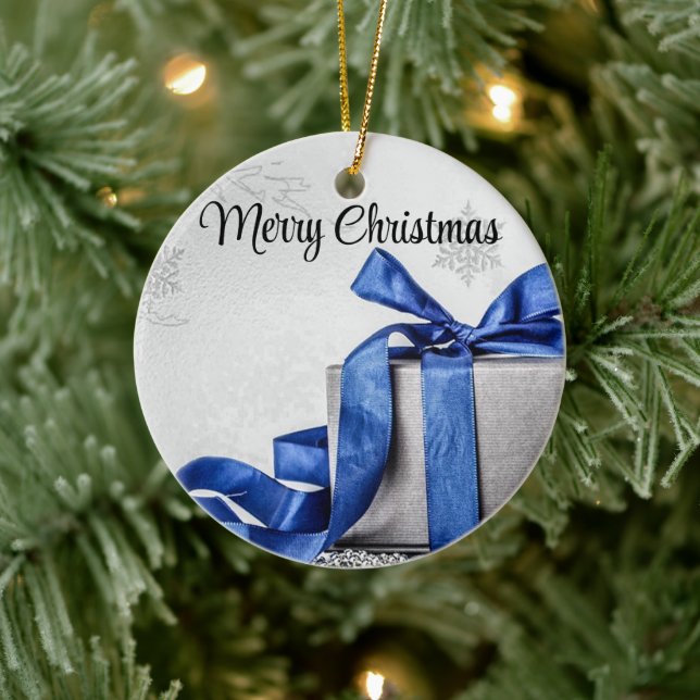 Blue and Silver Christmas Presents Ceramic Ornament (Tree)