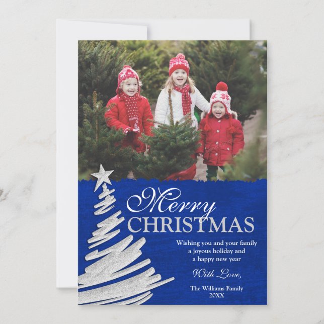 Blue and Silver Christmas Tree Holiday Photo Card (Front)