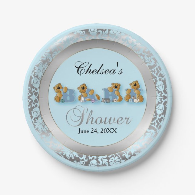 Blue and Silver Damask with Teddy Bears Paper Plate (Front)