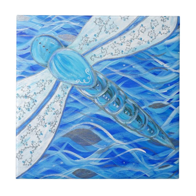 Blue and Silver Dragonfly Painting Ceramic Tile (Front)