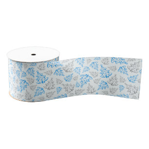 Blue and Silver Elegant Christmas Trees Pattern Grosgrain Ribbon