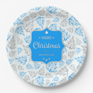 Blue and Silver Elegant Christmas Trees Pattern Paper Plate