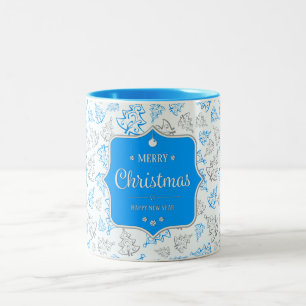 Blue and Silver Elegant Christmas Trees Pattern Two-Tone Coffee Mug
