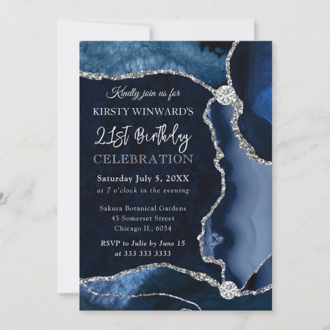 Blue and Silver Faux Glitter Agate Birthday Invitation (Front)