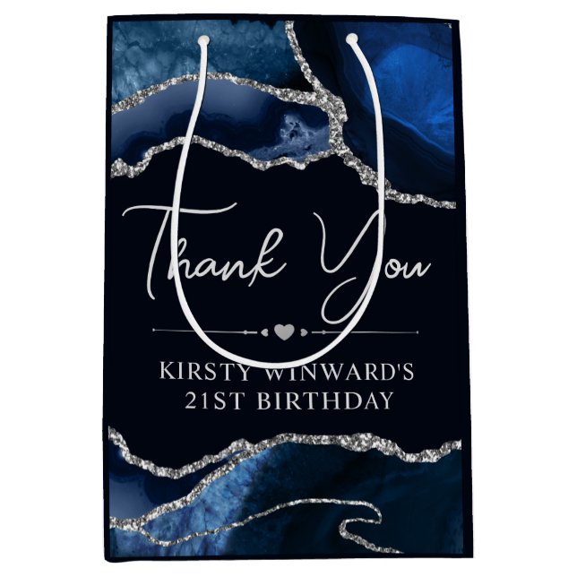 Blue and Silver Faux Glitter Agate Birthday Medium Gift Bag (Front)