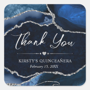 Blue and Silver Faux Glitter Agate Quinceanera Square Sticker