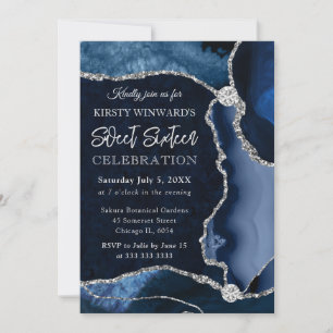 Blue and Silver Faux Glitter Agate Sweet 16 Invitation