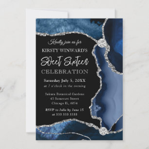 Blue and Silver Faux Glitter Agate Sweet 16 Invitation