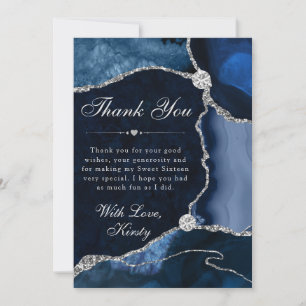 Blue and Silver Faux Glitter Agate Sweet 16 Thank You Card