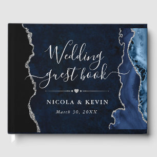 Blue and Silver Faux Glitter Agate Wedding Guest Book