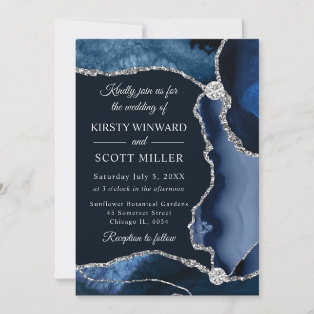 Blue and Silver Faux Glitter Agate Wedding Invitation (Front)