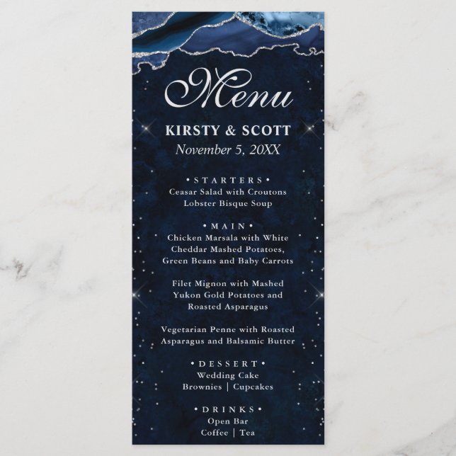 Blue and Silver Faux Glitter Agate Wedding Menu (Front)