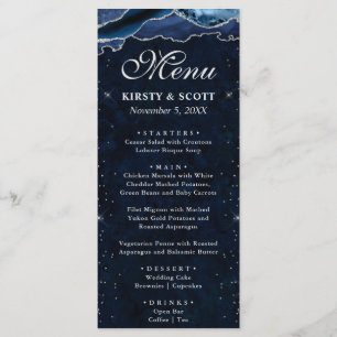 Blue and Silver Faux Glitter Agate Wedding Menu