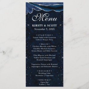 Blue and Silver Faux Glitter Agate Wedding Menu
