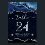 Blue and Silver Faux Glitter Agate Wedding Table Number<br><div class="desc">A dramatic, design‑led look in deep midnight navy, layered with fluid agate and marble textures and edged in shimmering silver glitter effects. Elegant calligraphy pairs with a bold modern serif for a striking high‑contrast typographic style. The palette feels luxe, moody and sophisticated—ideal for black‑tie celebrations, winter soirées and evening receptions...</div>