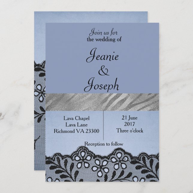 Blue and Silver Faux Lace Wedding Invitation (Front/Back)