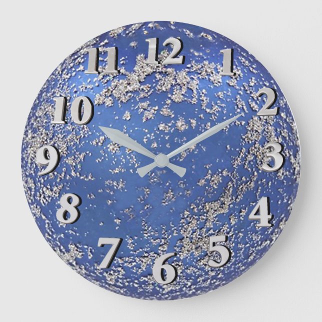 Blue and Silver Flocked Ornament Large Clock (Front)