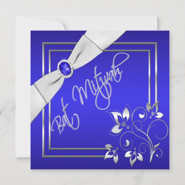 Blue and Silver Floral Bat Mitzvah Invitation (Front)