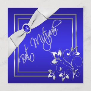 Blue and Silver Floral Bat Mitzvah Invitation