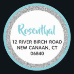 Blue and Silver Glitter Address Classic Round Sticker<br><div class="desc">This trendy sticker features sparkling faux glitter layered against a solid colour background. Use the template form to add your own information. The "Customise" feature can be used to change the font style,  colour and layout.</div>