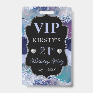 Blue and Silver Glitter Agate Birthday VIP ID Badge