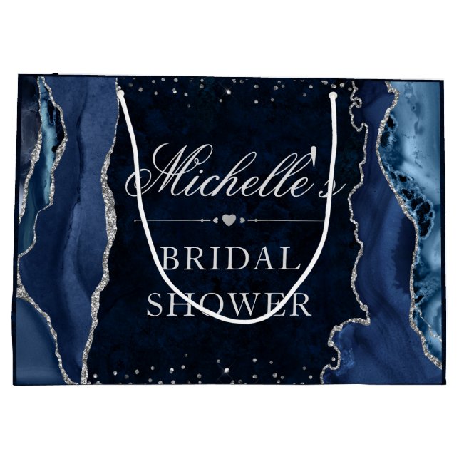 Blue and Silver Glitter Agate Bridal Shower Large Gift Bag (Back)
