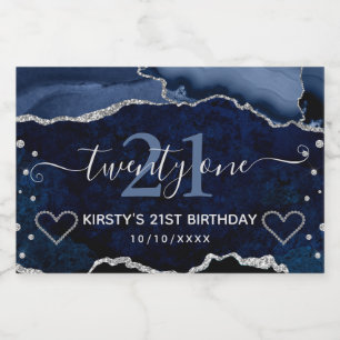 Blue and Silver Glitter Agate Marble 21st Birthday Sparkling Wine Label