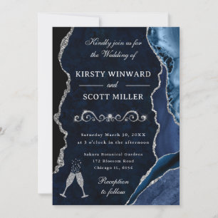 Blue and Silver Glitter Agate & Marble Wedding Invitation