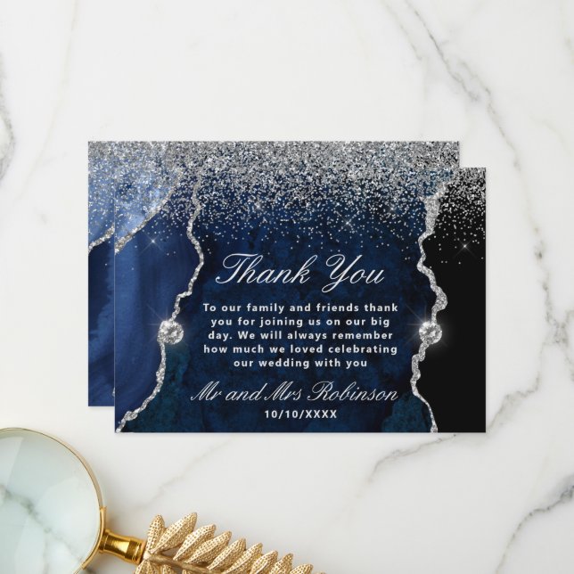 Blue and Silver Glitter Agate Marble Wedding Thank You Card (Front/Back In Situ)