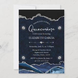 Blue and Silver Glitter Agate Quinceanera Invitation