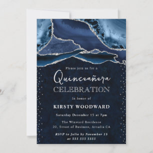 Blue and Silver Glitter Agate Quinceanera Invitation