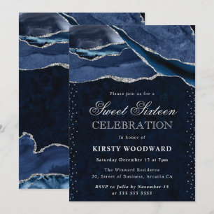 Blue and Silver Glitter Agate Sweet 16 Invitation