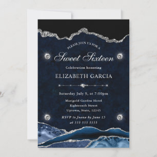 Blue and Silver Glitter Agate Sweet Sixteen Invitation