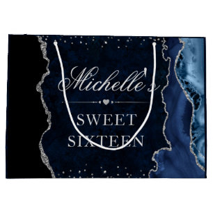 Blue and Silver Glitter Agate Sweet Sixteen Large Gift Bag