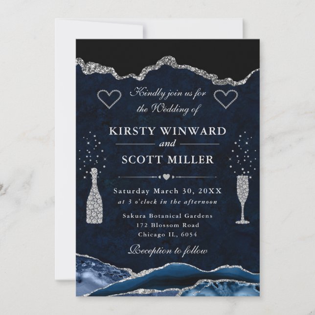 Blue and Silver Glitter Agate Wedding Invitation (Front)