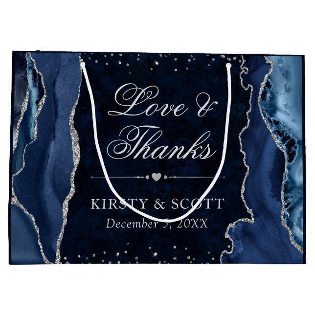 Blue and Silver Glitter Agate Wedding Large Gift Bag (Back)